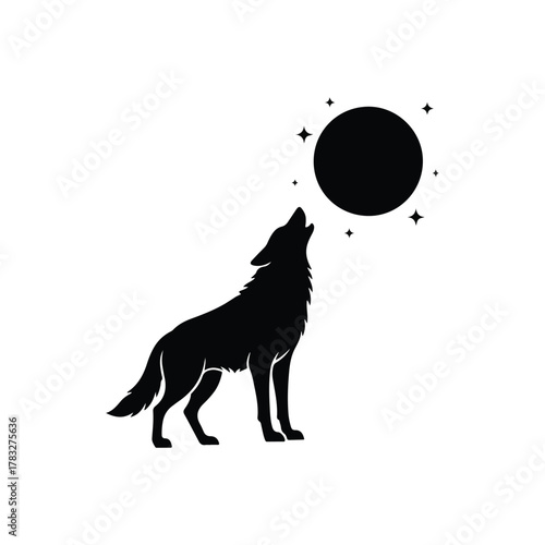 Vector Illustration of Wolf Howling at the Moon and Stars