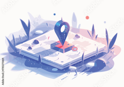 A modern vector illustration depicts a glowing location pin marking a spot on an abstract map, symbolizing digital navigation and discovery.