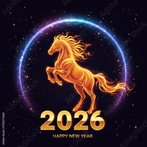 Glowing golden horse rearing majestically inside a cosmic energy ring representing 2026 against a starry background [with copy space]