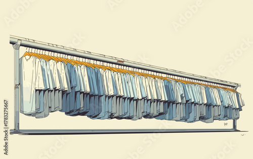 A long clothing rack filled with numerous shirts in varying shades of blue and white, presented as a clean vector illustration.