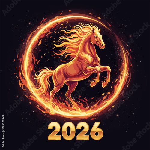 Fiery golden horse rearing powerfully in a ring of fire representing the Year 2026 against a starry night background [with copy space]