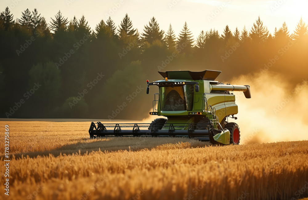 Fototapeta premium Combine harvests ripe wheat on golden field in sunset. Agricultural machinery works in countryside. Harvesting campaign scene against forest. Grain collection. Heavy machinery at work.