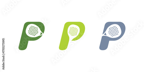 Three stylized P logos in green, lime, and gray variations with paddle icon in space area for brand identity design concept