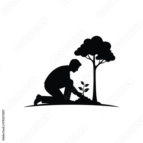 Man Planting a Young Tree Seedling Silhouette