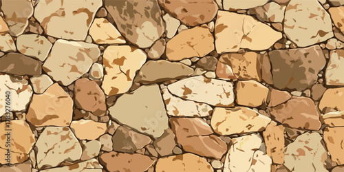 A detailed illustration of a textured wall constructed from irregularly shaped stones of varying earthy tones.