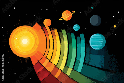 Stylized representation of the solar system with the sun radiating colorful energy waves towards planets.