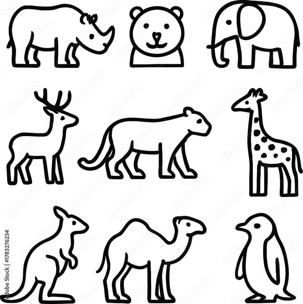 Fototapeta premium Wild Animal Icons: A collection of simple, yet charming, line art icons of various wild animals. These clean and playful illustrations are perfect for adding a touch of nature and simplicity.