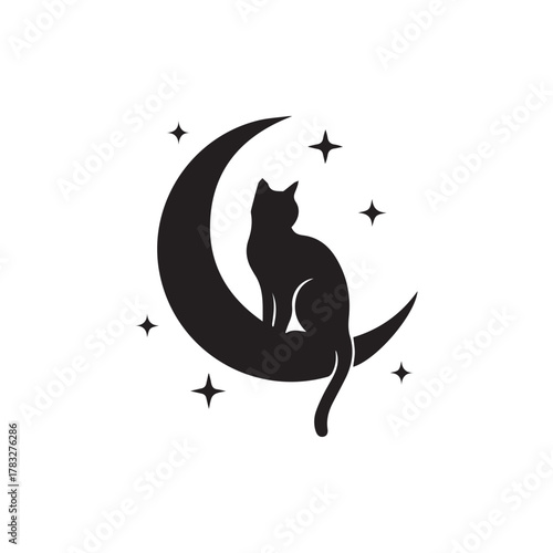 Black Cat Sitting on a Crescent Moon Silhouette