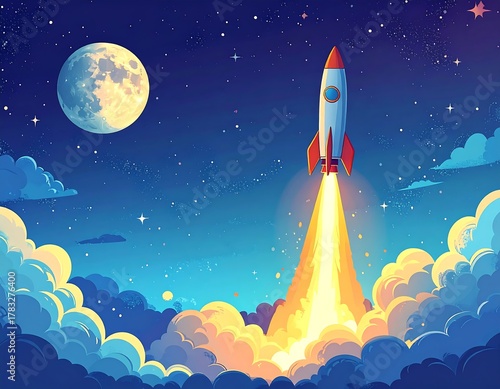 A vibrant cartoon depicts a rocket blasting off. It leaves a bright exhaust trail through fluffy clouds, heading toward the night sky with moon and stars