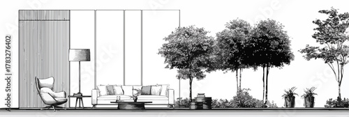 Architectural sketch depicting a modern interior scene with furniture and lush outdoor greenery.