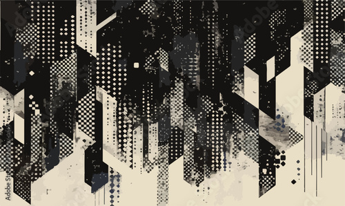 Abstract geometric cityscape with distressed textures and monochrome palette creates a modern urban design.