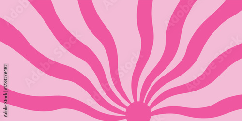 Wavy pink radial stripes background. Strawberry lollipop, candy, yogurt or ice cream print. Rosy sunburst, explosion or surprise manga style effect. Groovy y2k pattern. Vector cartoon illustration.