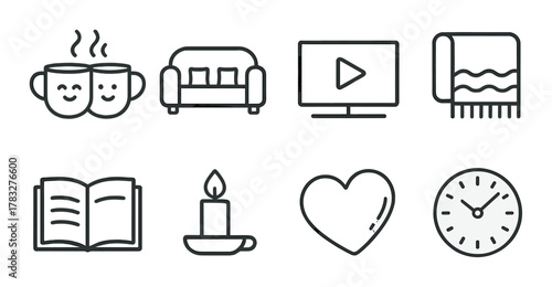 Cozy home icons collection featuring coffee, sofa, tv, blanket, book, candle, heart, and clock
