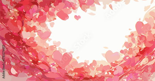Abstract heart shapes and petals swirl in a vibrant pink and red gradient creating a romantic, celebratory background.