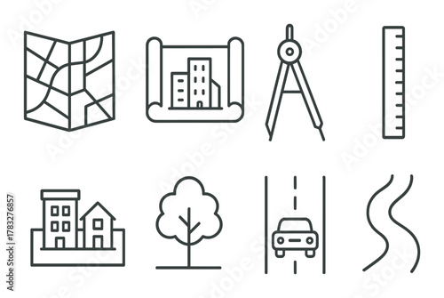 Urban planning icons: map, blueprint, compass, ruler, buildings, tree, road