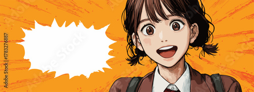 Excited young student with a speech bubble, ready to share her thoughts and ideas.