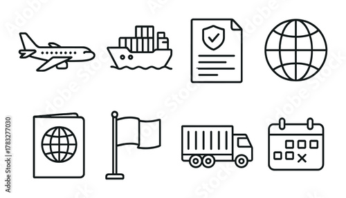 Global logistics icons: airplane, ship, document, globe, passport, flag, truck, calendar