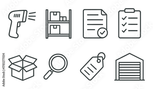 Warehouse icons set: scanner, inventory, checklist, packaging, magnifier, label, storage