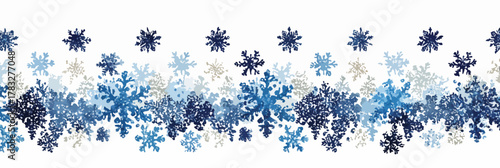 A decorative border of blue and white snowflakes in varying sizes and shades creates a wintery seamless pattern.