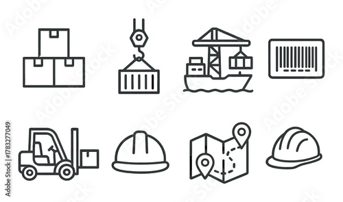 Logistics and shipping icons: transport, containers, forklift, barcode, helmets, map