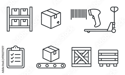 Warehouse logistics icons: storage, barcode, shipping, packaging, equipment