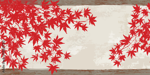 A beautifully illustrated vector design featuring vibrant red autumn leaves gracefully framing a textured, scroll-like background, evoking a sense of traditional elegance.