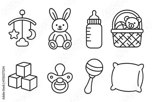 Baby essentials: toys, pacifier, bottle, pillow, basket, mobile, blocks