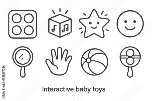 Interactive baby toys icons: sensory cube, smiling star, rattle, and more