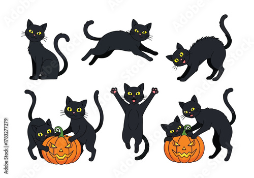 A collection of six cartoon black cats in various Halloween poses, some playing with a jack-o'-lantern.