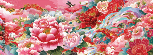 A stunning vector illustration captures the vibrant beauty of a lush oriental garden filled with blooming peonies, graceful koi fish, and a soaring bird, perfect for elegant designs.