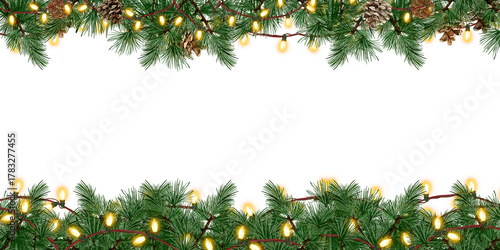 christmas border Christmas frame with decorative fir branches and garland of Christmas lights. Hand drawn illustration on transparent background.