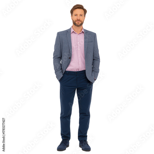 Young man in blue blazer, pink shirt, and navy pants standing confidently with hands in pockets, isolated on transparency background, business casual style, relaxed and approachable expression