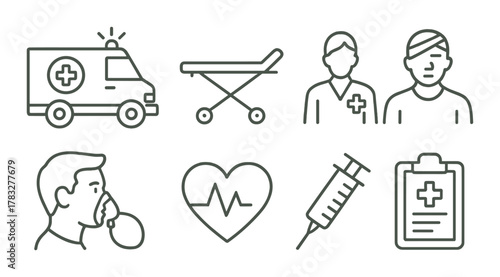 Medical icons: ambulance, stretcher, medical staff, patient, heartbeat, syringe, clipboard