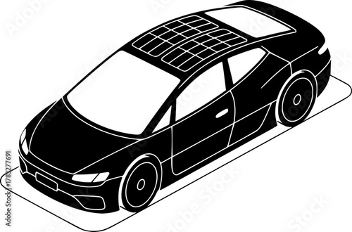 solar-powered car, sleek design, solar panels on roof, vector art