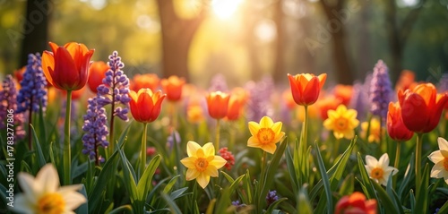 Colorful tulips daffodils hyacinths in garden. Spring morning sunlight illuminates blooming flowers. Blossoms create a joyful, fresh feeling of spring time season. Floral arrangement garden scenery