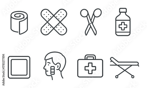 Medical icons set featuring first aid supplies and emergency equipment