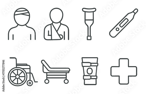 Healthcare symbols: injury, recovery, medical equipment icons