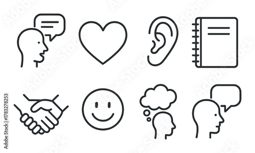 Communication icons: speech, heart, ear, notebook, handshake, smile, thought