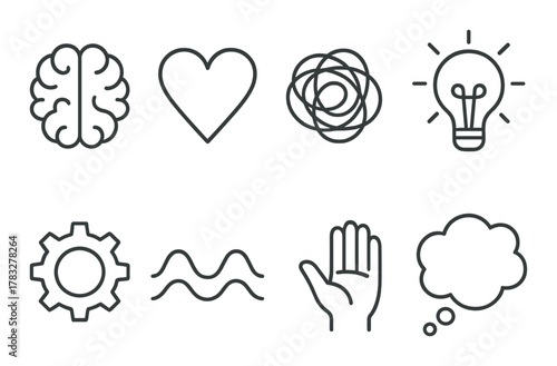Abstract symbols: brain, heart, creativity, innovation, gear, wave, hand, thought