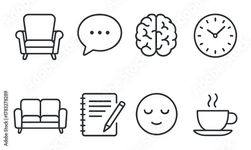 Monochrome icons: armchair, speech bubble, brain, clock, couch, notepad, smiley face, coffee cup