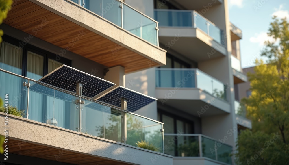 Fototapeta premium Solar panels seen on modern building balcony. Balcony equipped with solar panel converts sunlight to electricity. Sustainable city apartment building uses green energy. Eco house uses clean power