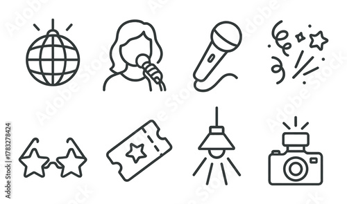 Outline icons of party elements including microphone and disco ball on dark background
