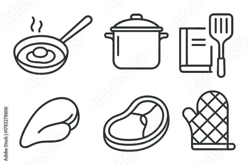 Kitchen icons: frying pan, pot, cookbook, spatula, oven mitt, meat