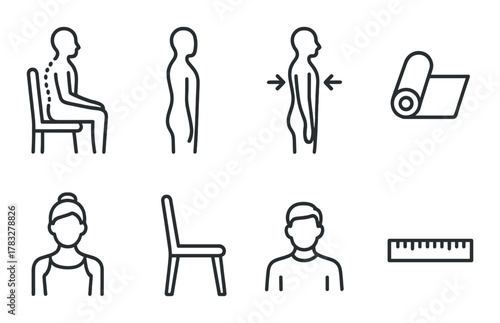 Posture guide: sitting, standing, and alignment tips with male and female illustrations