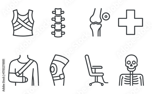 Medical symbols featuring anatomy, bandages, and healthcare icons