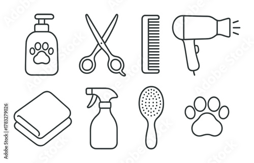 Monochrome pet grooming tools silhouette: comb, scissors, hairdryer, shampoo, towel, brush, paw