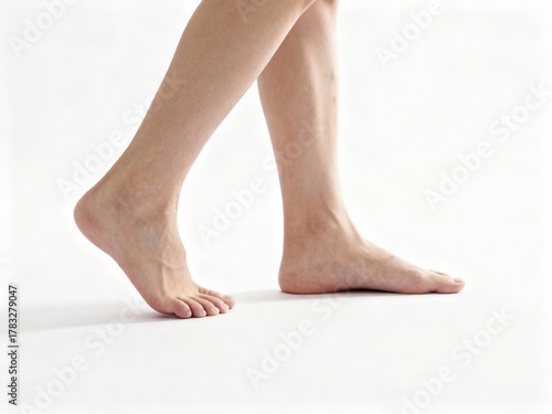 Barefoot Steps: A Close-Up of a Woman's Legs and Feet Walking with Grace on White