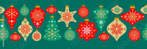 Scandinavian Christmas seamless border pattern. Christmas and new Year ornaments and baubles with different shapes. Vector vintage texture background for winter holidays, seasonal greeting design