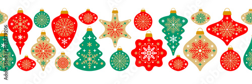 Scandinavian Christmas seamless border pattern. Christmas and new Year ornaments and baubles with different shapes. Vector vintage texture background for winter holidays, seasonal greeting design