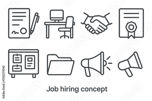 Job hiring concept icons: contract, desk, handshake, certificate, filing, megaphone